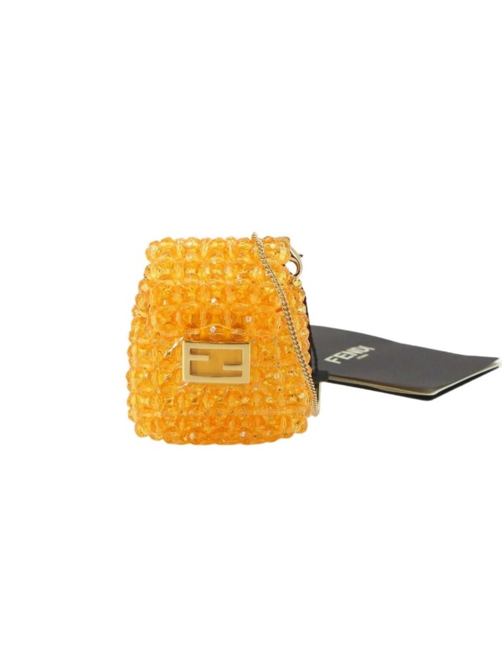 Fendi Pico Baguette Chain Shoulder Pouch Beads Leather Orange Charm